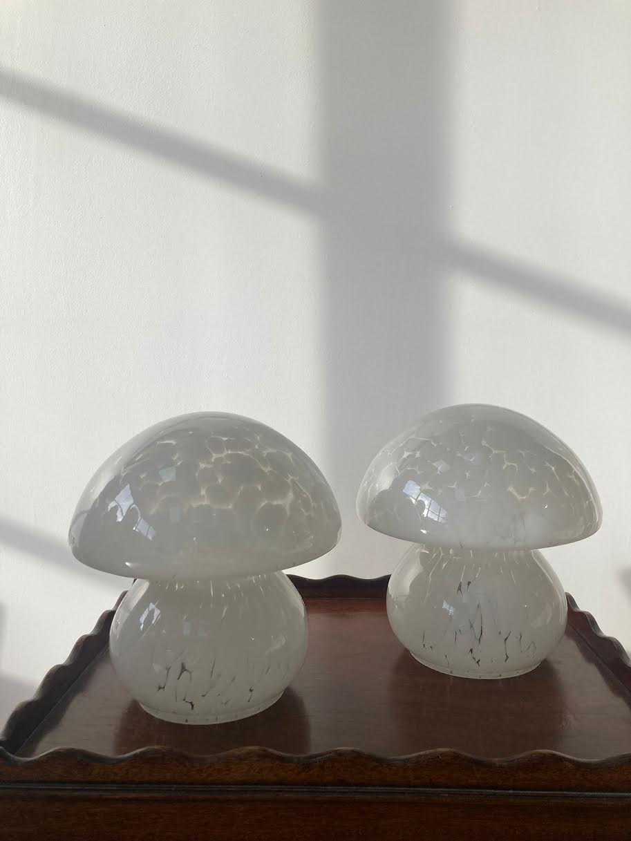 A pair of glass confetti mushroom lamps in manner of Murano