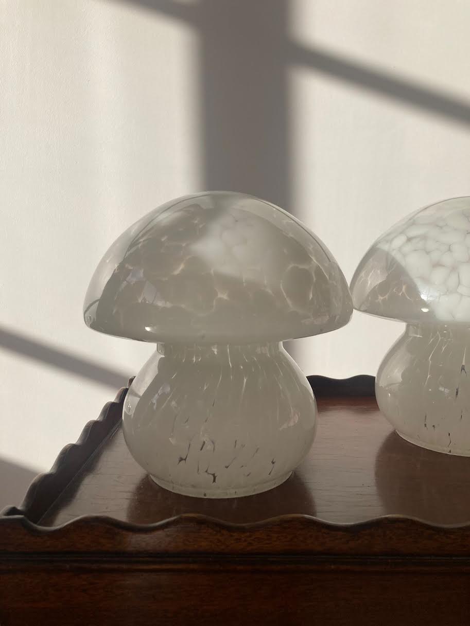A pair of glass confetti mushroom lamps in manner of Murano