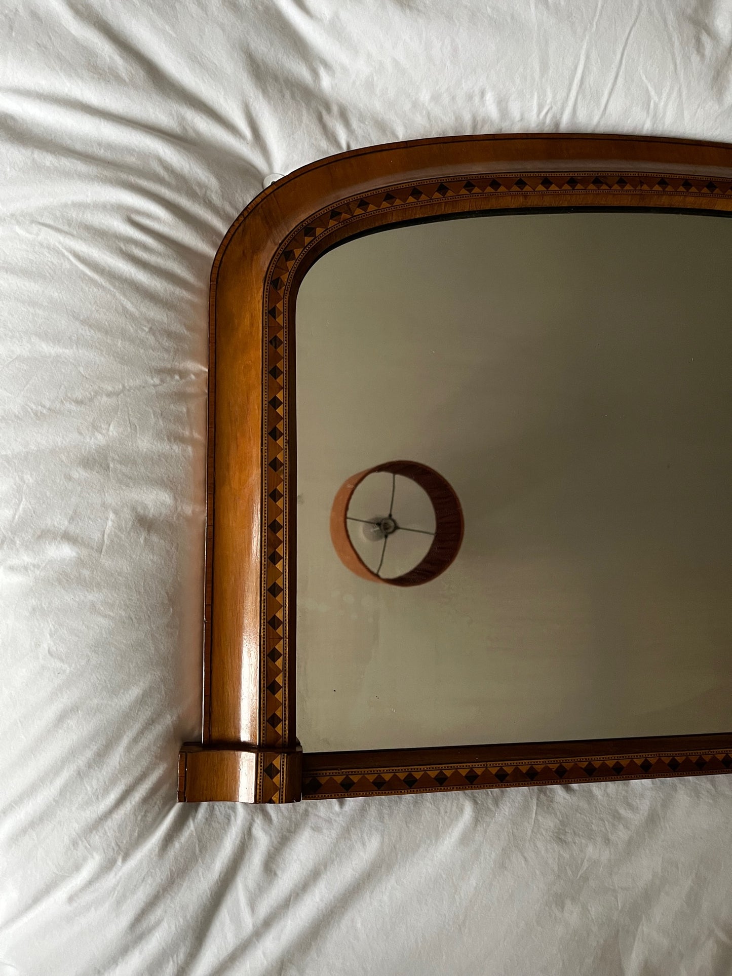 Walnut and marquetry over mantle mirror