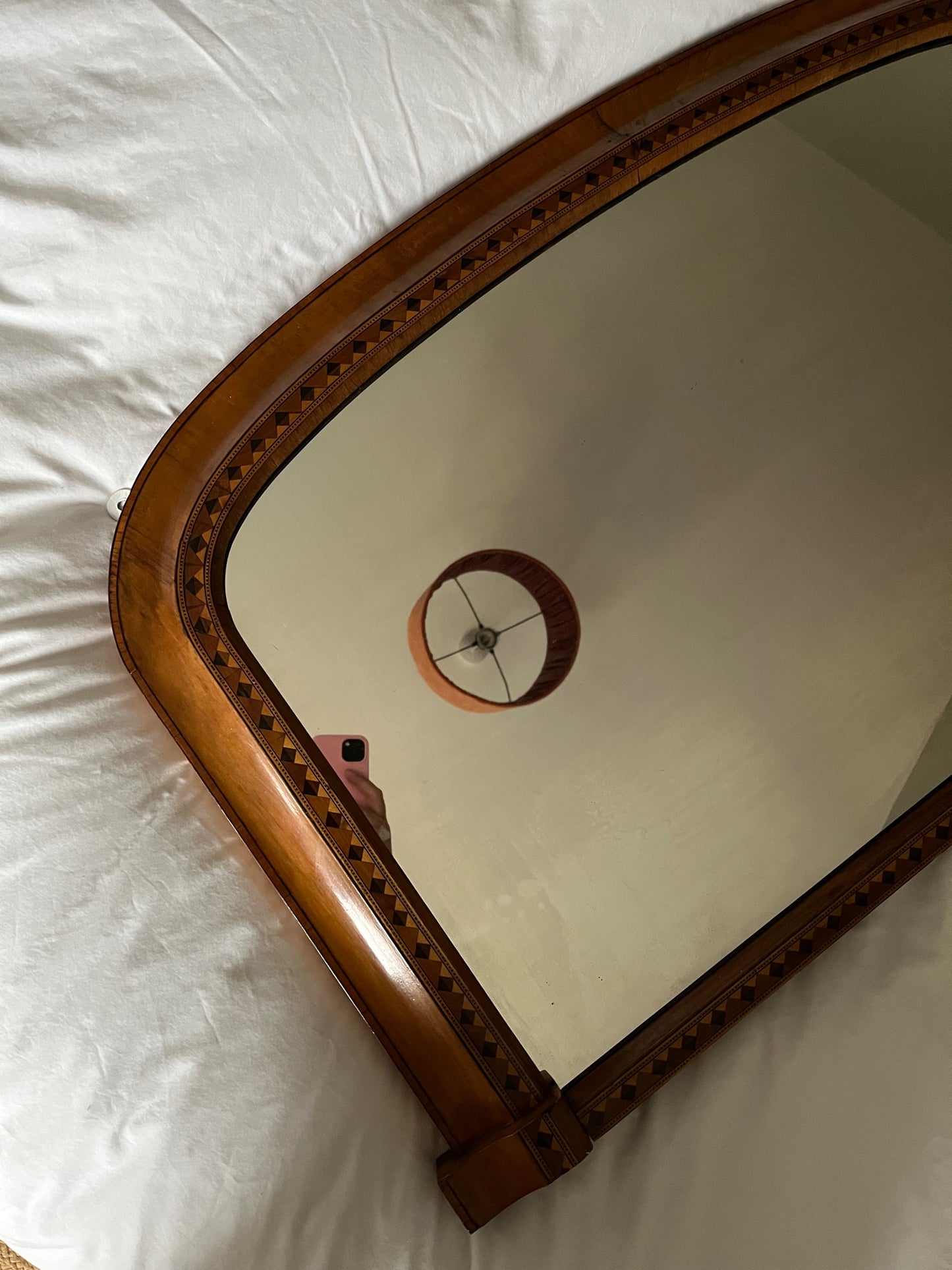 Walnut and marquetry over mantle mirror