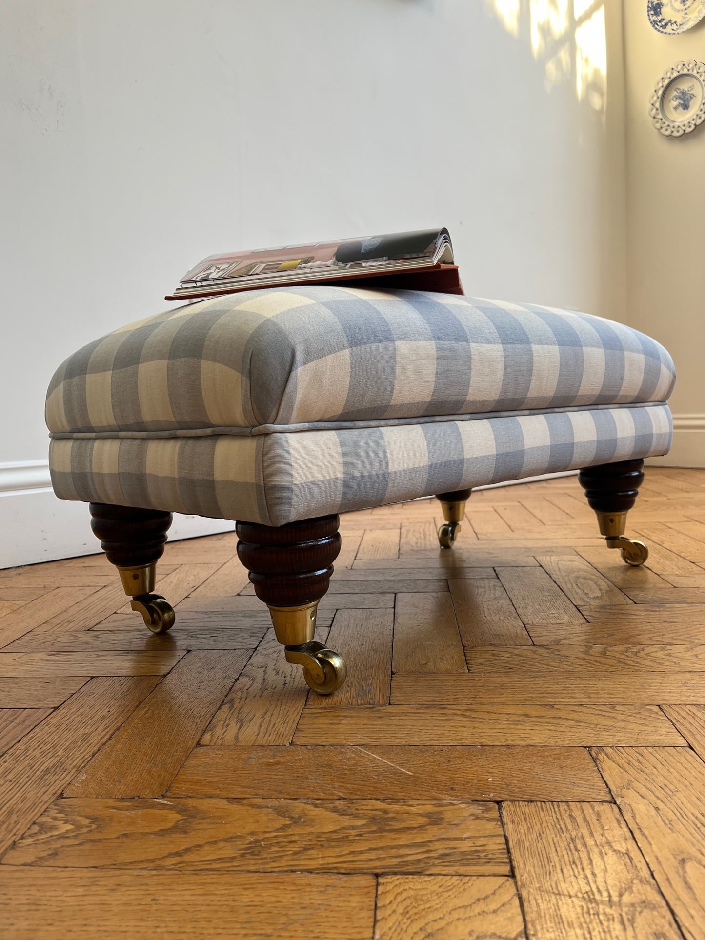 Blue check footstool