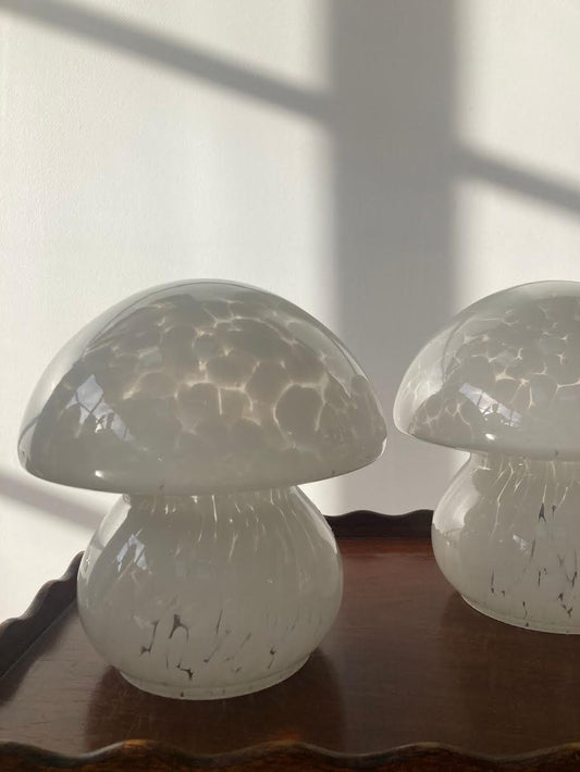 A pair of glass confetti mushroom lamps in manner of Murano