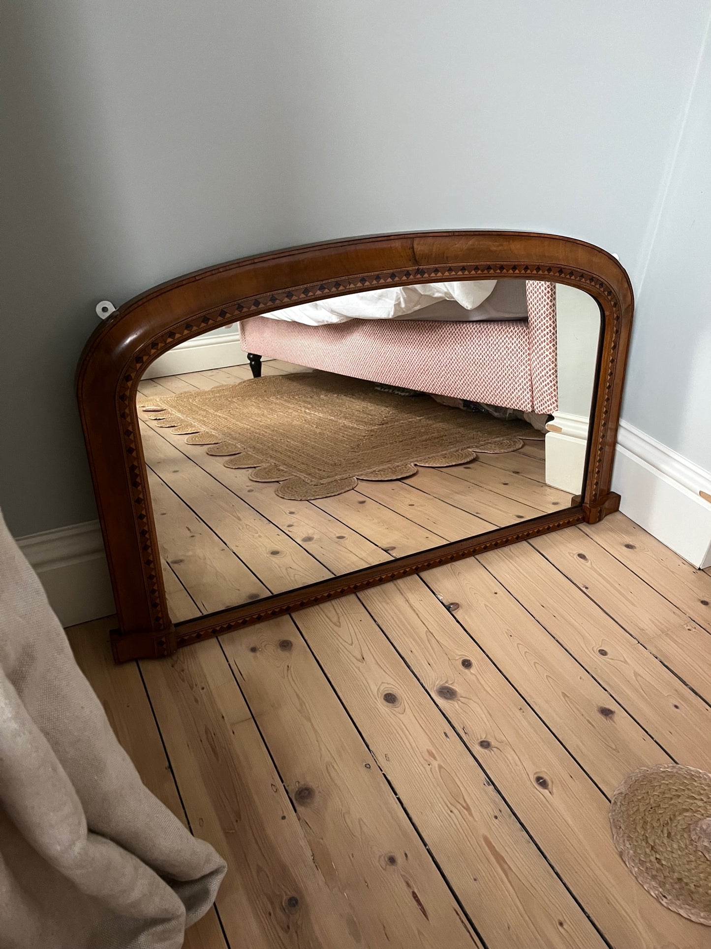 Walnut and marquetry over mantle mirror